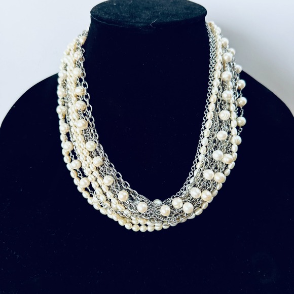 Brighton Jewelry - Vintage Multi Strand Pearl & Silver Chain Necklace Layered Statement Bib Toggle